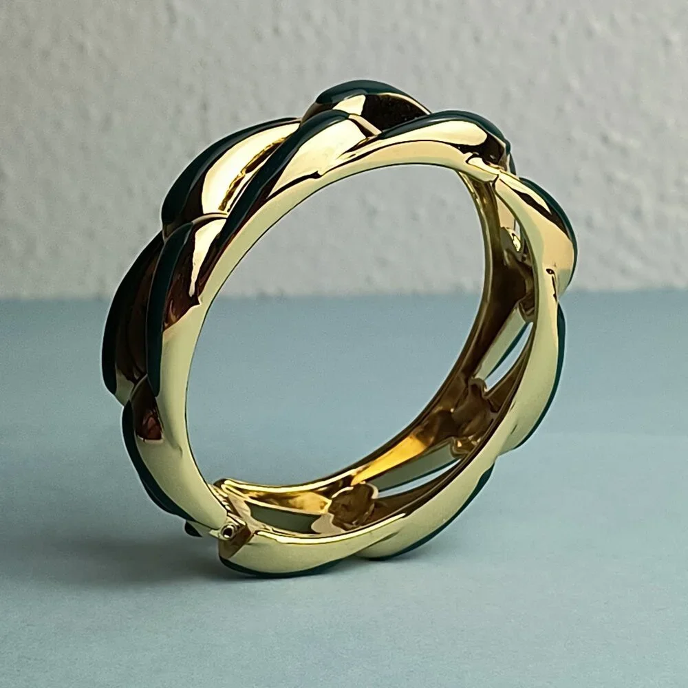 Statement Glam Chain Link Glaze Hinged Bangle Bracelet Oval Emeral Green Gold…